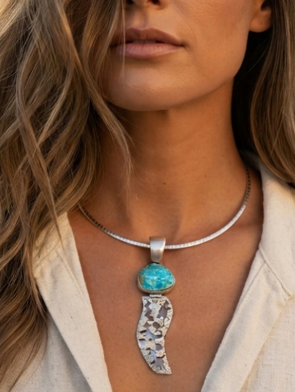 Sterling Silver Turquoise Signed Native Petrtoglyph Necklace